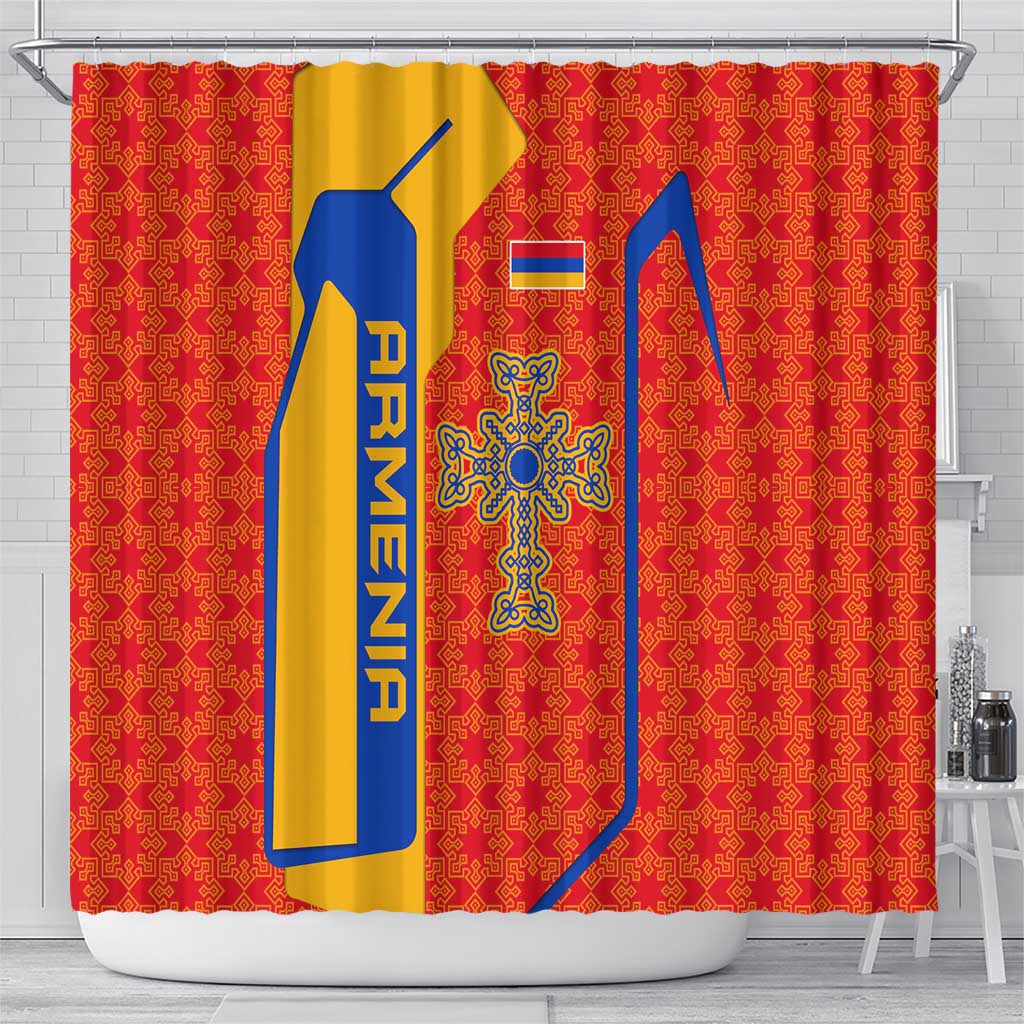 Armenia Flag-Inspired Shower Curtain with Ornamental Cross and Geometric Pattern Design - Wonder Print Shop