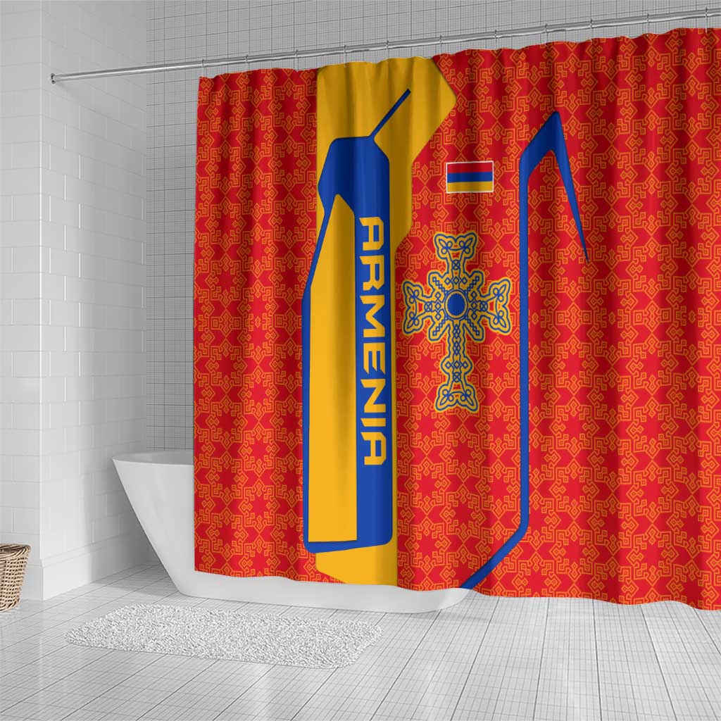 Armenia Flag-Inspired Shower Curtain with Ornamental Cross and Geometric Pattern Design - Wonder Print Shop