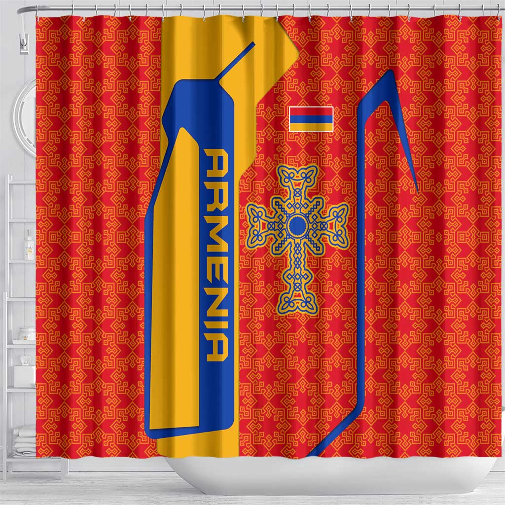 Armenia Flag-Inspired Shower Curtain with Ornamental Cross and Geometric Pattern Design - Wonder Print Shop