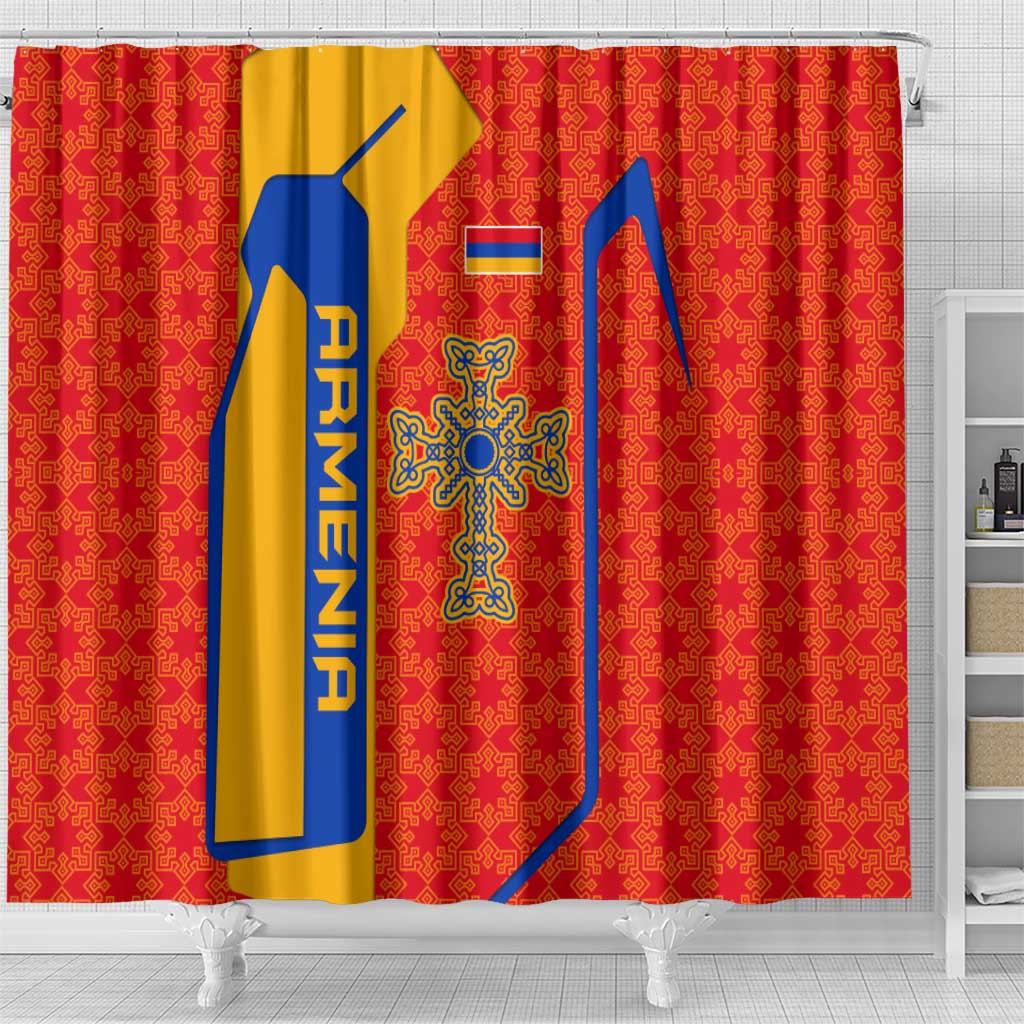 Armenia Flag-Inspired Shower Curtain with Ornamental Cross and Geometric Pattern Design - Wonder Print Shop