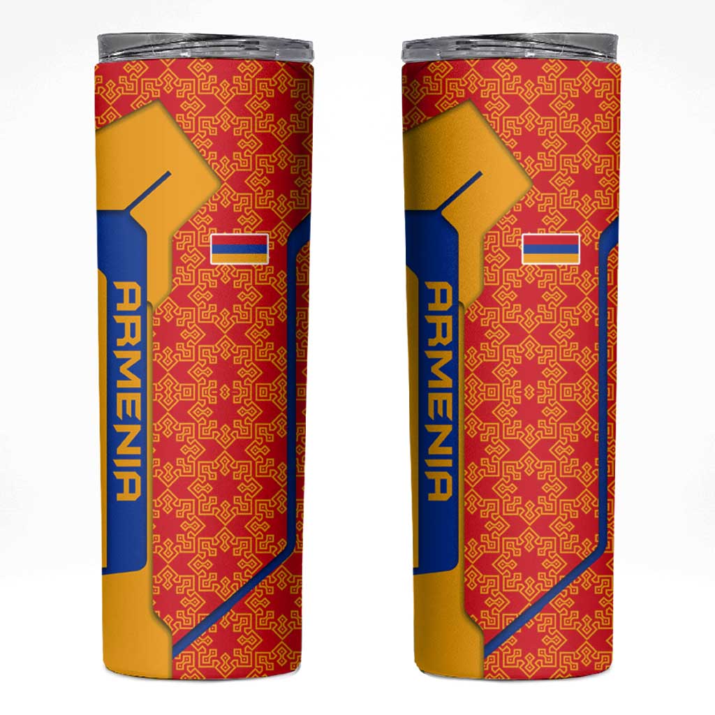 Armenia Flag-Inspired Skinny Tumbler with Ornamental Cross and Geometric Pattern Design - Wonder Print Shop