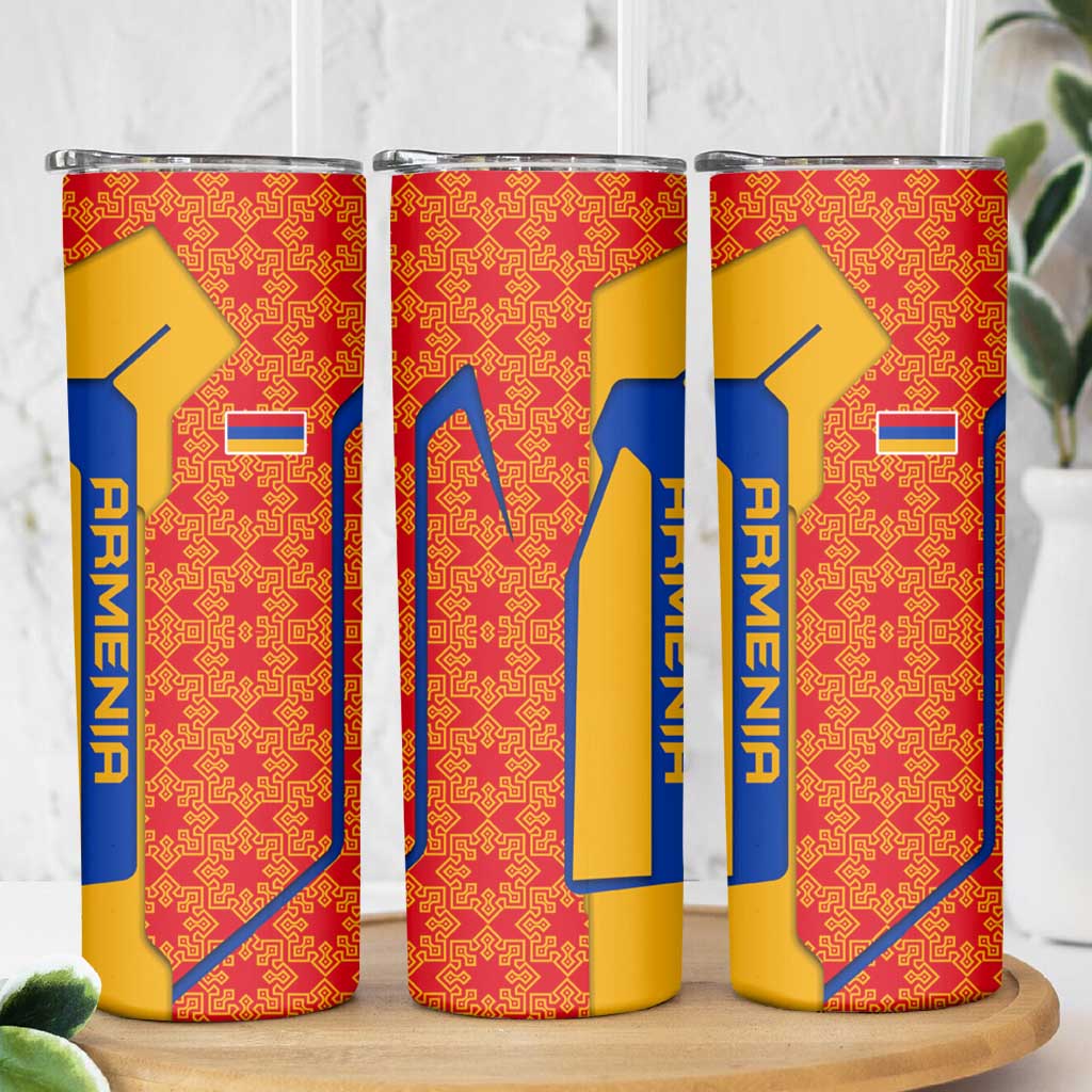 Armenia Flag-Inspired Skinny Tumbler with Ornamental Cross and Geometric Pattern Design - Wonder Print Shop