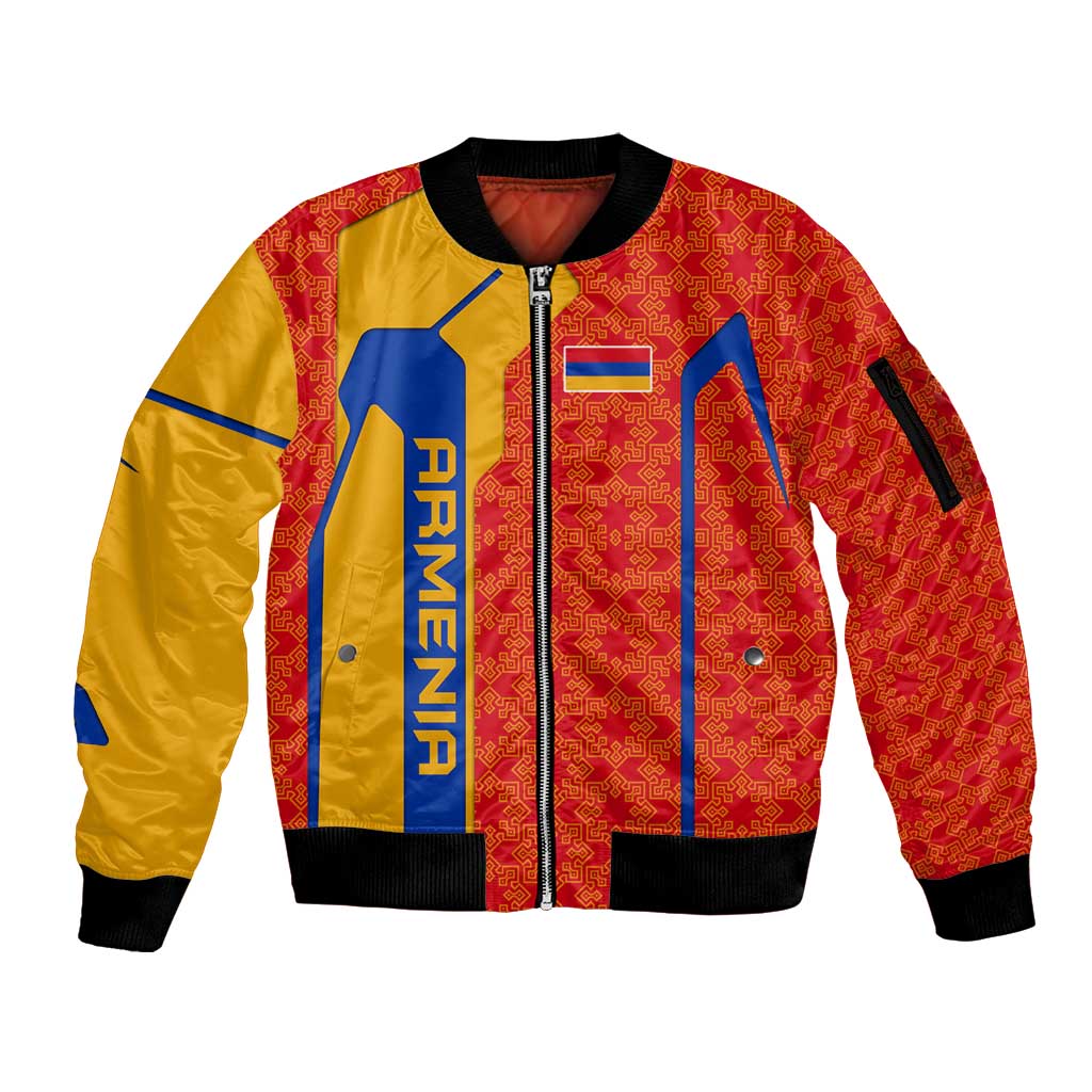 Armenia Flag-Inspired Sleeve Zip Bomber Jacket with Ornamental Cross and Geometric Pattern Design - Wonder Print Shop