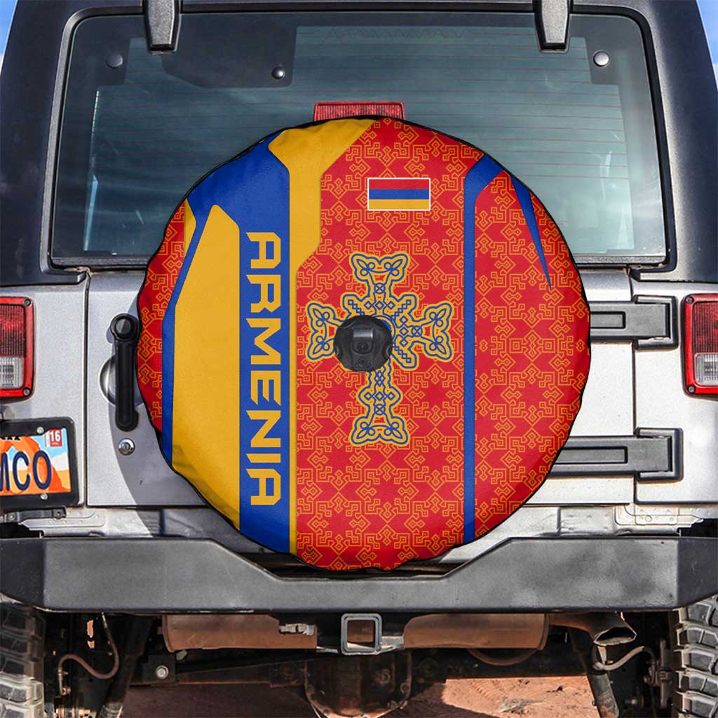 Armenia Flag-Inspired Spare Tire Cover with Ornamental Cross and Geometric Pattern Design - Wonder Print Shop