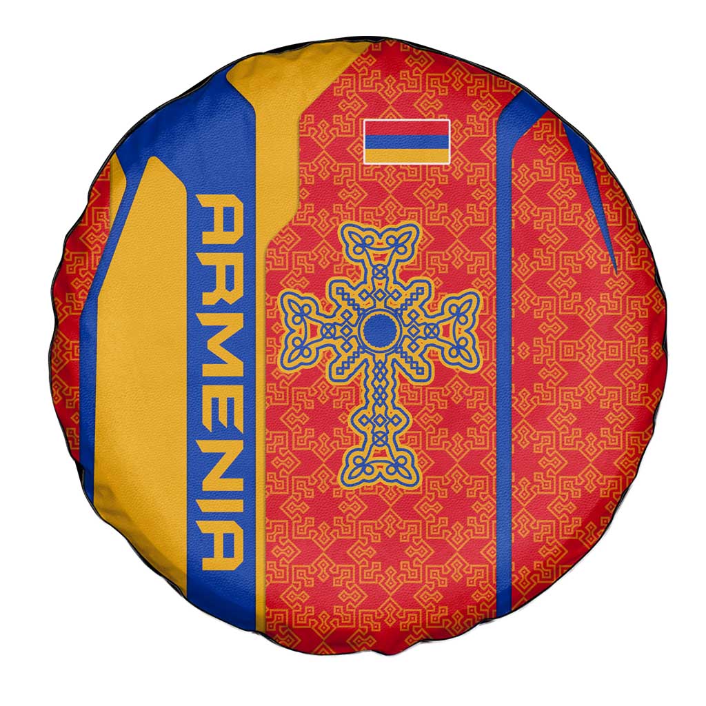 Armenia Flag-Inspired Spare Tire Cover with Ornamental Cross and Geometric Pattern Design - Wonder Print Shop