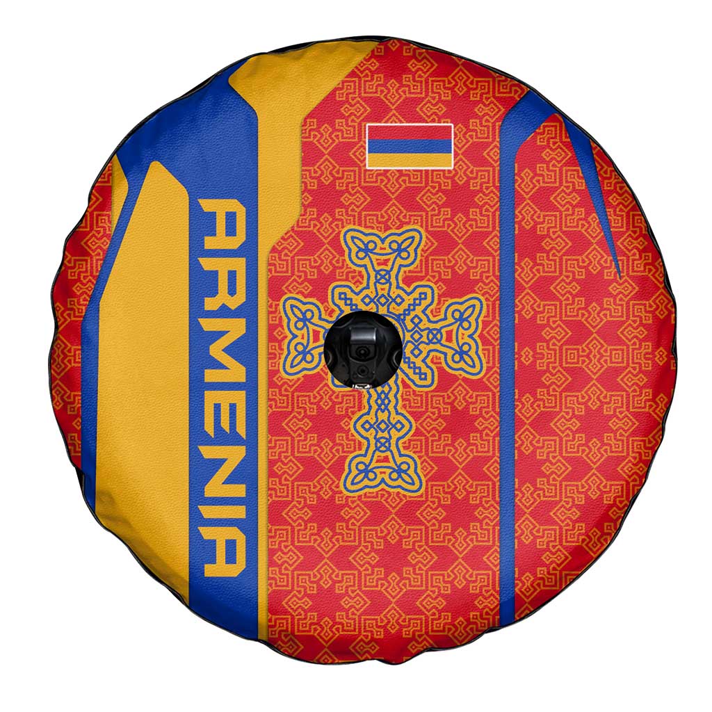 Armenia Flag-Inspired Spare Tire Cover with Ornamental Cross and Geometric Pattern Design - Wonder Print Shop