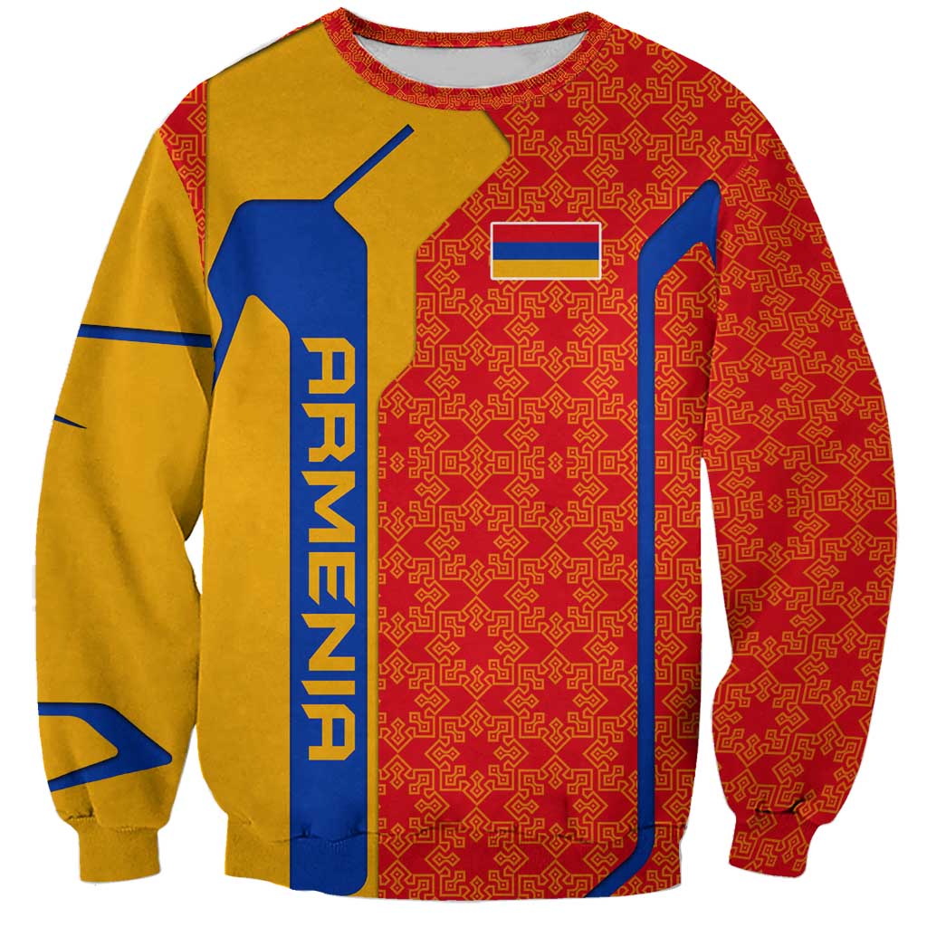 Armenia Flag-Inspired Sweatshirt with Ornamental Cross and Geometric Pattern Design - Wonder Print Shop