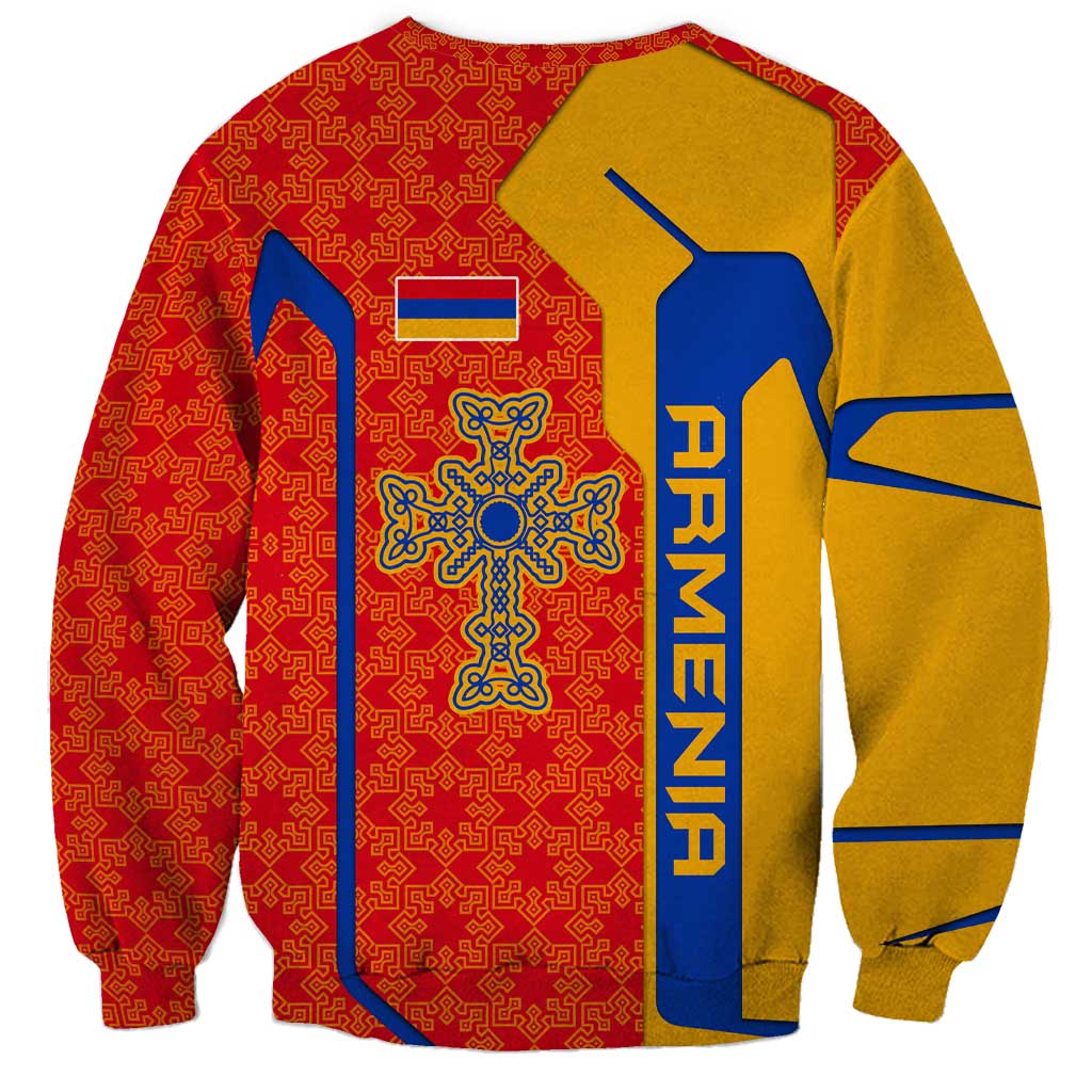 Armenia Flag-Inspired Sweatshirt with Ornamental Cross and Geometric Pattern Design - Wonder Print Shop