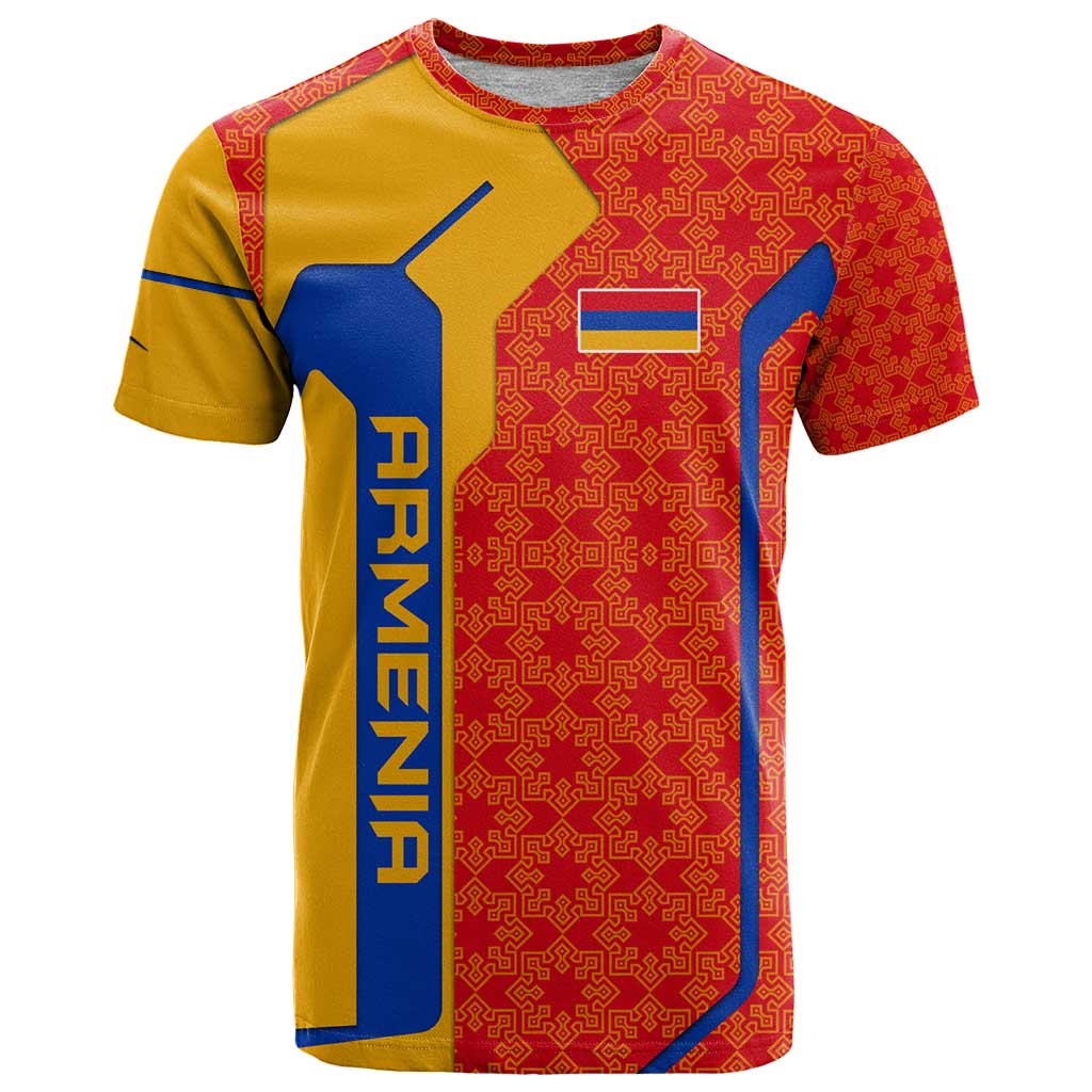 Armenia Flag-Inspired T Shirt with Ornamental Cross and Geometric Pattern Design - Wonder Print Shop