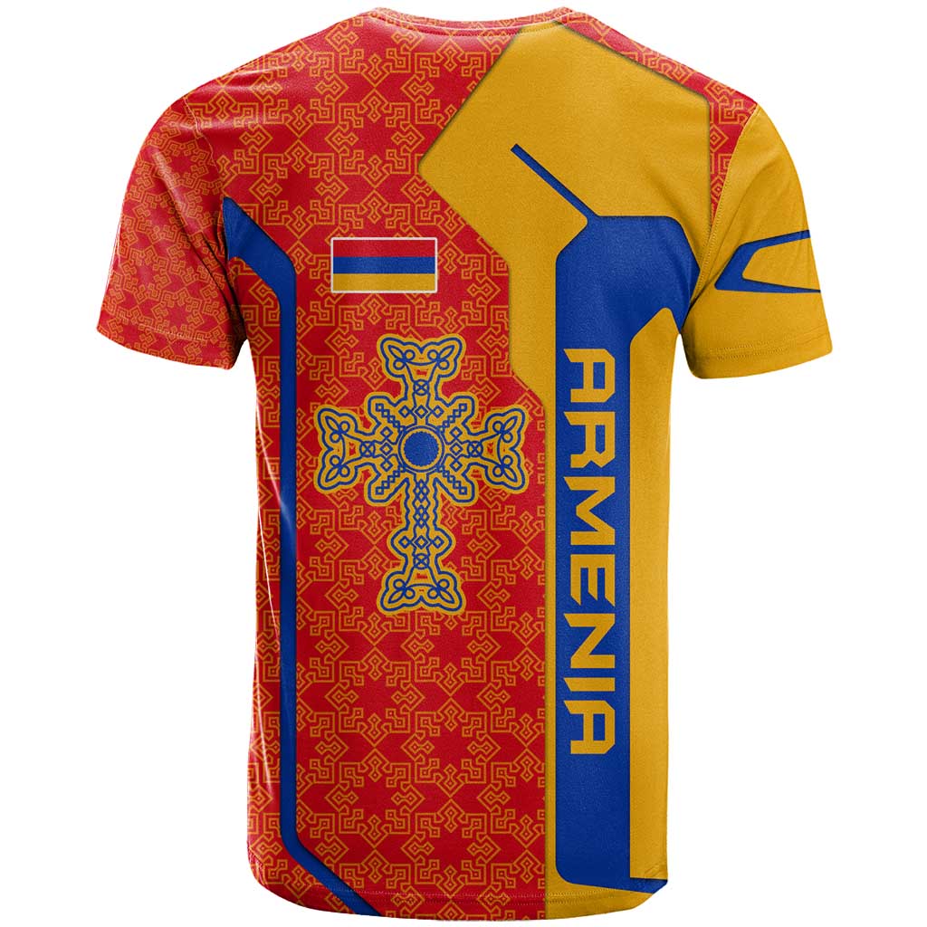 Armenia Flag-Inspired T Shirt with Ornamental Cross and Geometric Pattern Design - Wonder Print Shop
