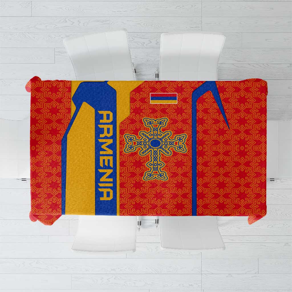 Armenia Flag-Inspired Tablecloth with Ornamental Cross and Geometric Pattern Design - Wonder Print Shop