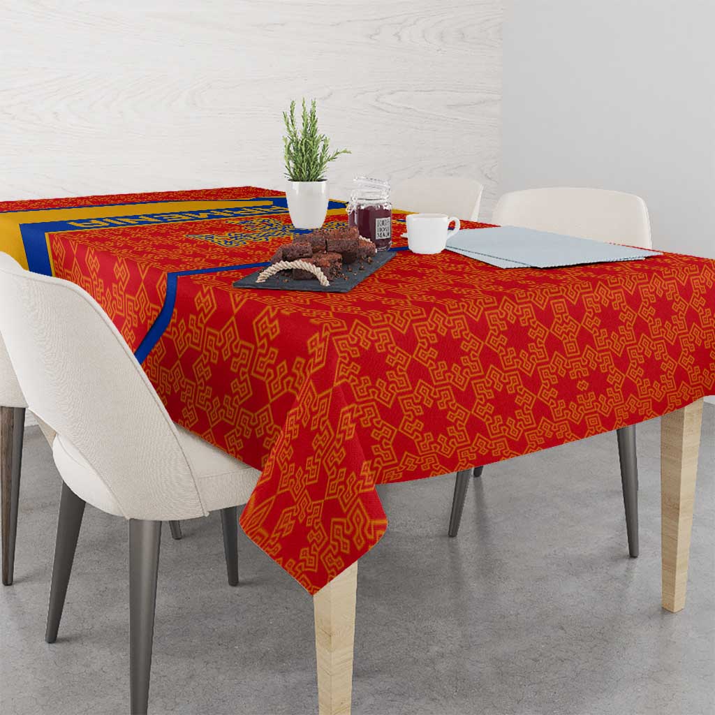 Armenia Flag-Inspired Tablecloth with Ornamental Cross and Geometric Pattern Design - Wonder Print Shop