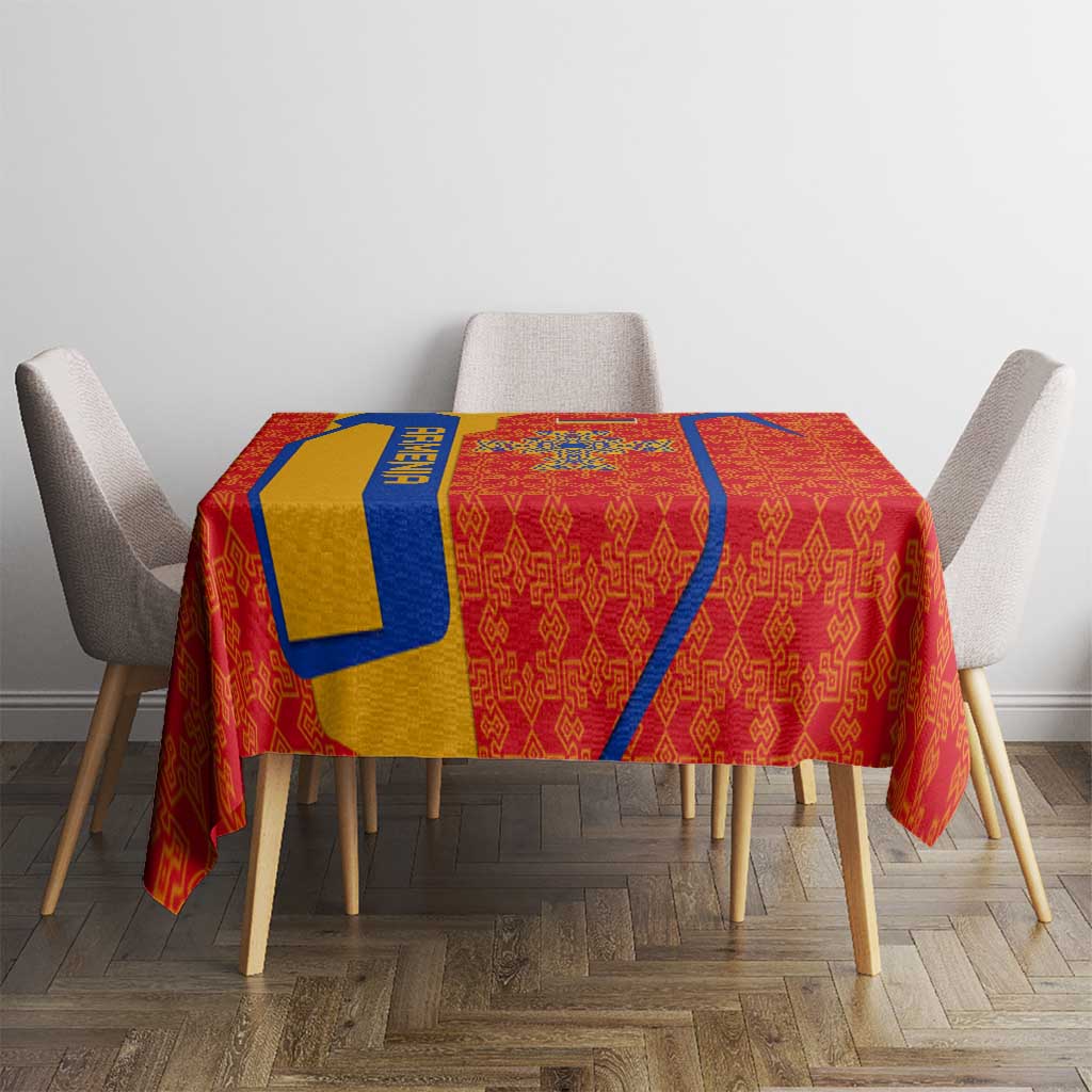 Armenia Flag-Inspired Tablecloth with Ornamental Cross and Geometric Pattern Design - Wonder Print Shop