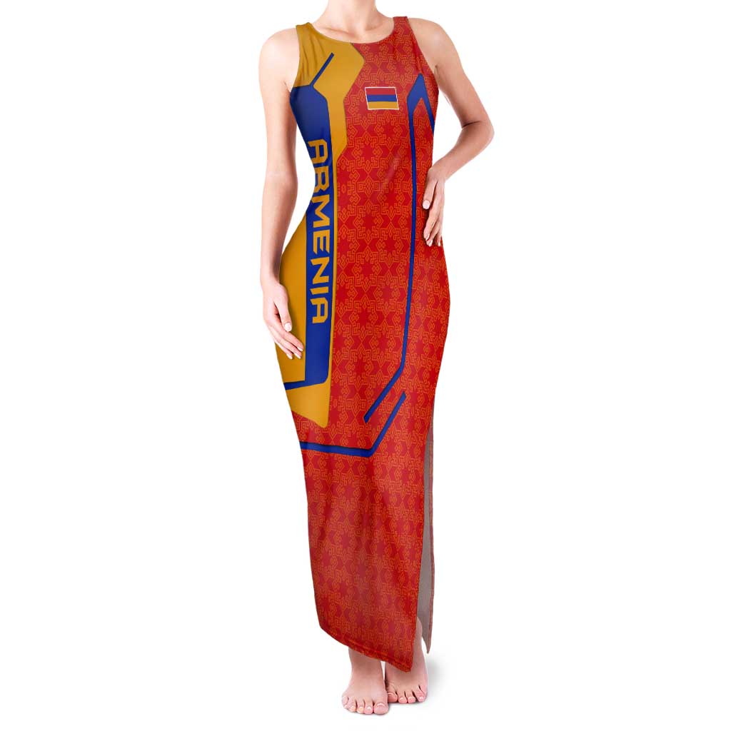 Armenia Flag-Inspired Tank Maxi Dress with Ornamental Cross and Geometric Pattern Design - Wonder Print Shop