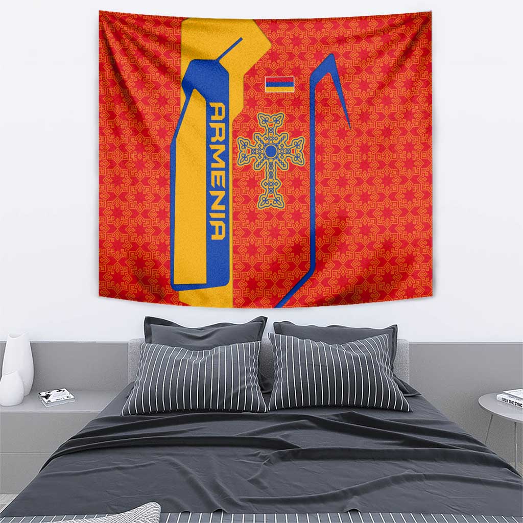 Armenia Flag-Inspired Tapestry with Ornamental Cross and Geometric Pattern Design - Wonder Print Shop