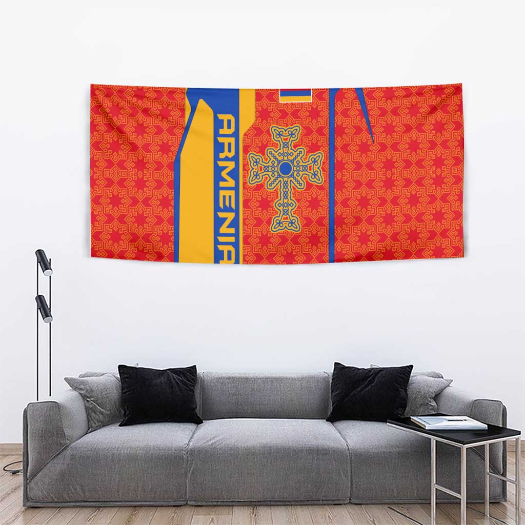 Armenia Flag-Inspired Tapestry with Ornamental Cross and Geometric Pattern Design - Wonder Print Shop