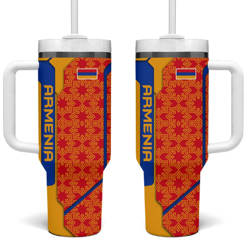 Armenia Flag-Inspired Tumbler With Handle with Ornamental Cross and Geometric Pattern Design - Wonder Print Shop