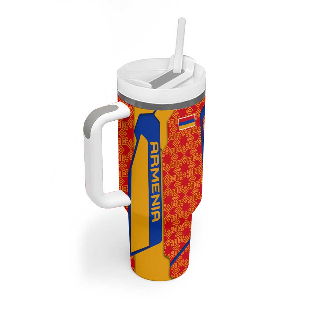 Armenia Flag-Inspired Tumbler With Handle with Ornamental Cross and Geometric Pattern Design - Wonder Print Shop