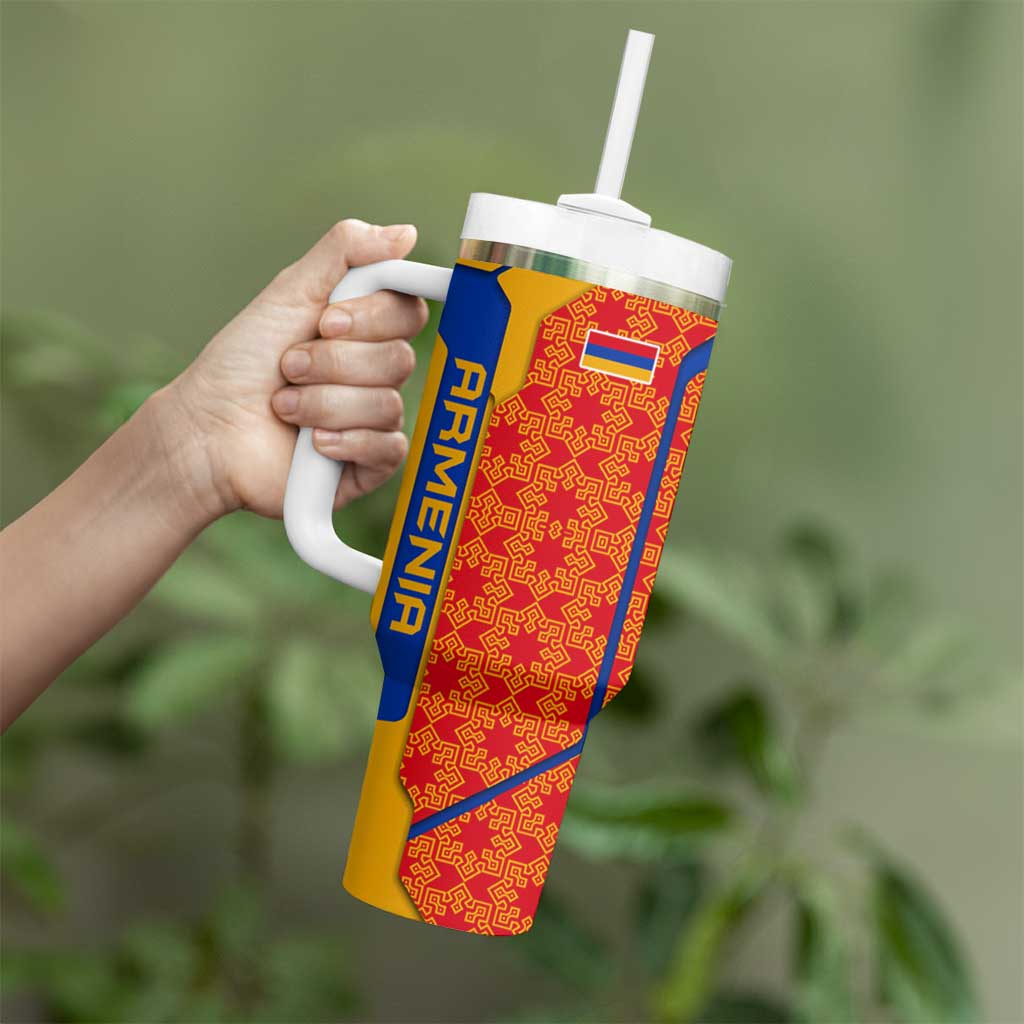 Armenia Flag-Inspired Tumbler With Handle with Ornamental Cross and Geometric Pattern Design - Wonder Print Shop