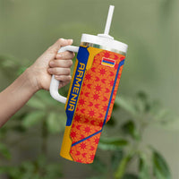 Armenia Flag-Inspired Tumbler With Handle with Ornamental Cross and Geometric Pattern Design - Wonder Print Shop