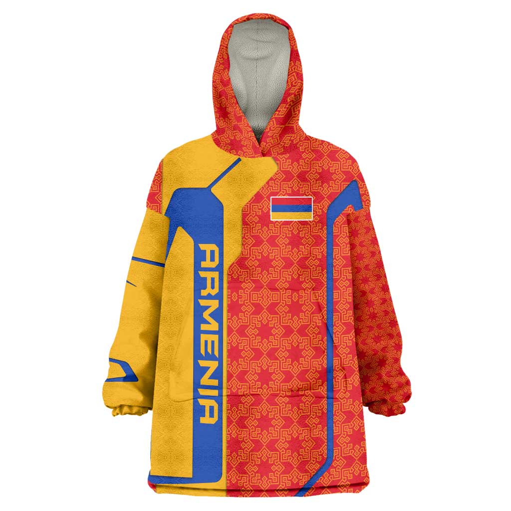 Armenia Flag-Inspired Wearable Blanket Hoodie with Ornamental Cross and Geometric Pattern Design - Wonder Print Shop