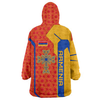 Armenia Flag-Inspired Wearable Blanket Hoodie with Ornamental Cross and Geometric Pattern Design - Wonder Print Shop