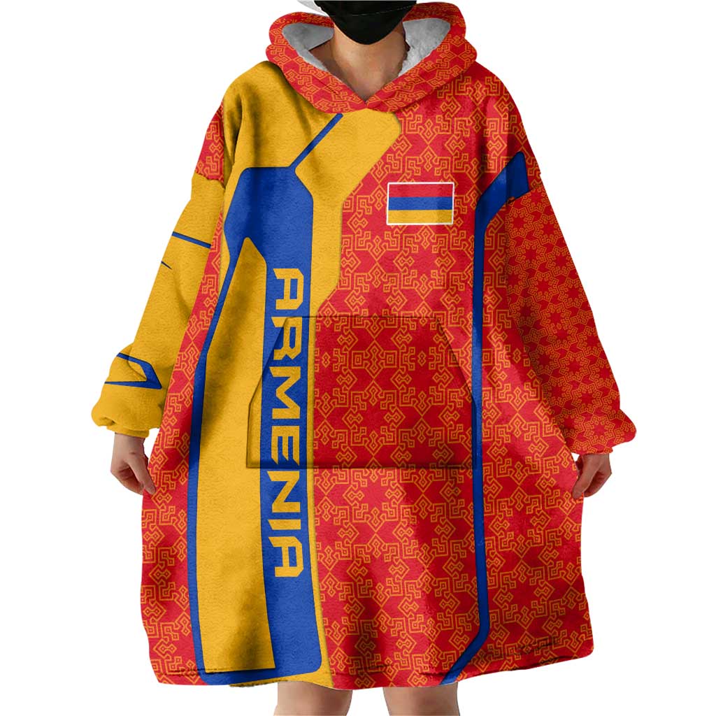 Armenia Flag-Inspired Wearable Blanket Hoodie with Ornamental Cross and Geometric Pattern Design - Wonder Print Shop