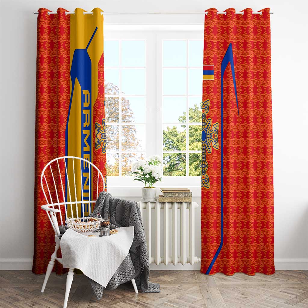 Armenia Flag-Inspired Window Curtain with Ornamental Cross and Geometric Pattern Design - Wonder Print Shop