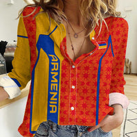 Armenia Flag-Inspired Women Casual Shirt with Ornamental Cross and Geometric Pattern Design - Wonder Print Shop