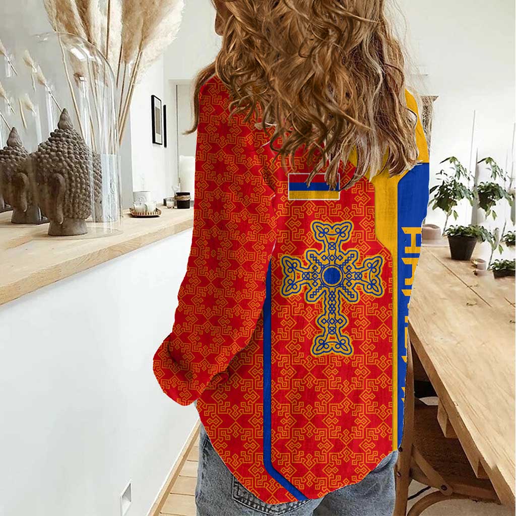 Armenia Flag-Inspired Women Casual Shirt with Ornamental Cross and Geometric Pattern Design - Wonder Print Shop