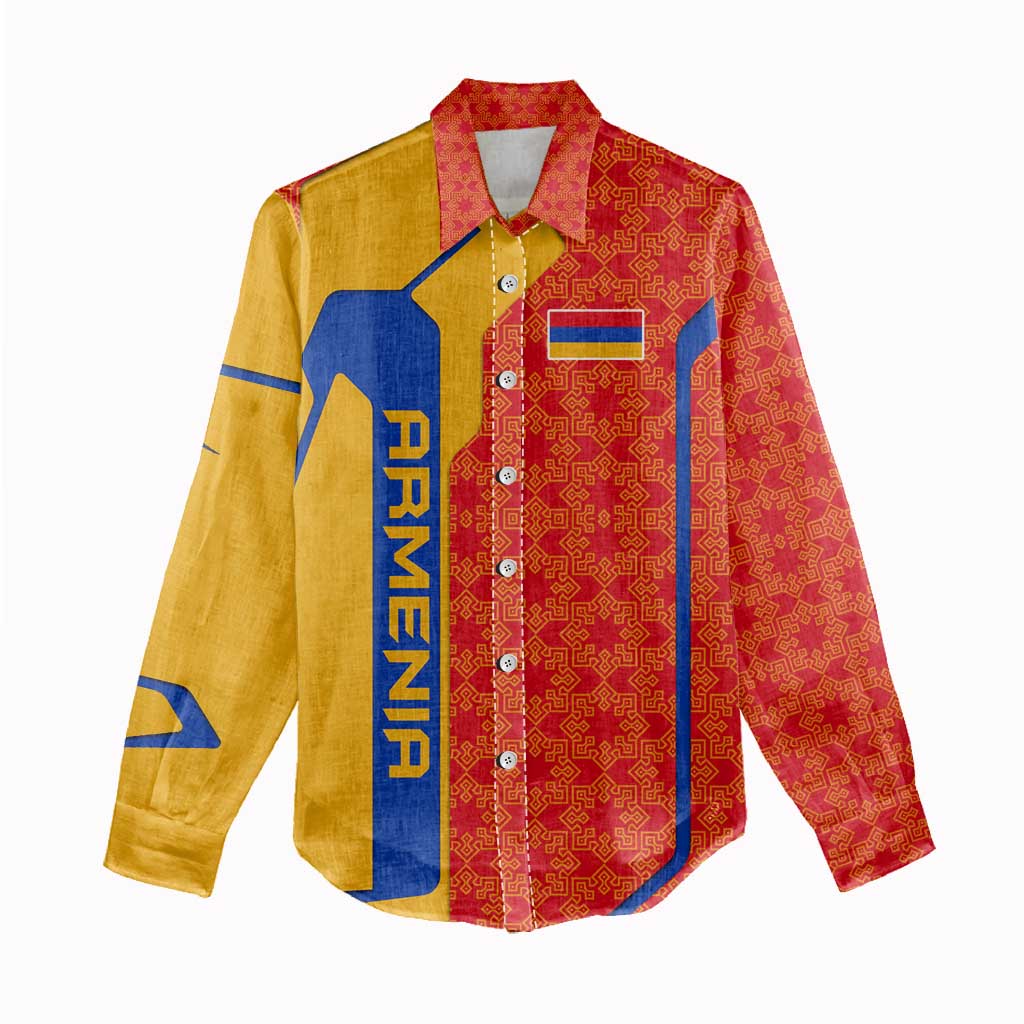 Armenia Flag-Inspired Women Casual Shirt with Ornamental Cross and Geometric Pattern Design - Wonder Print Shop