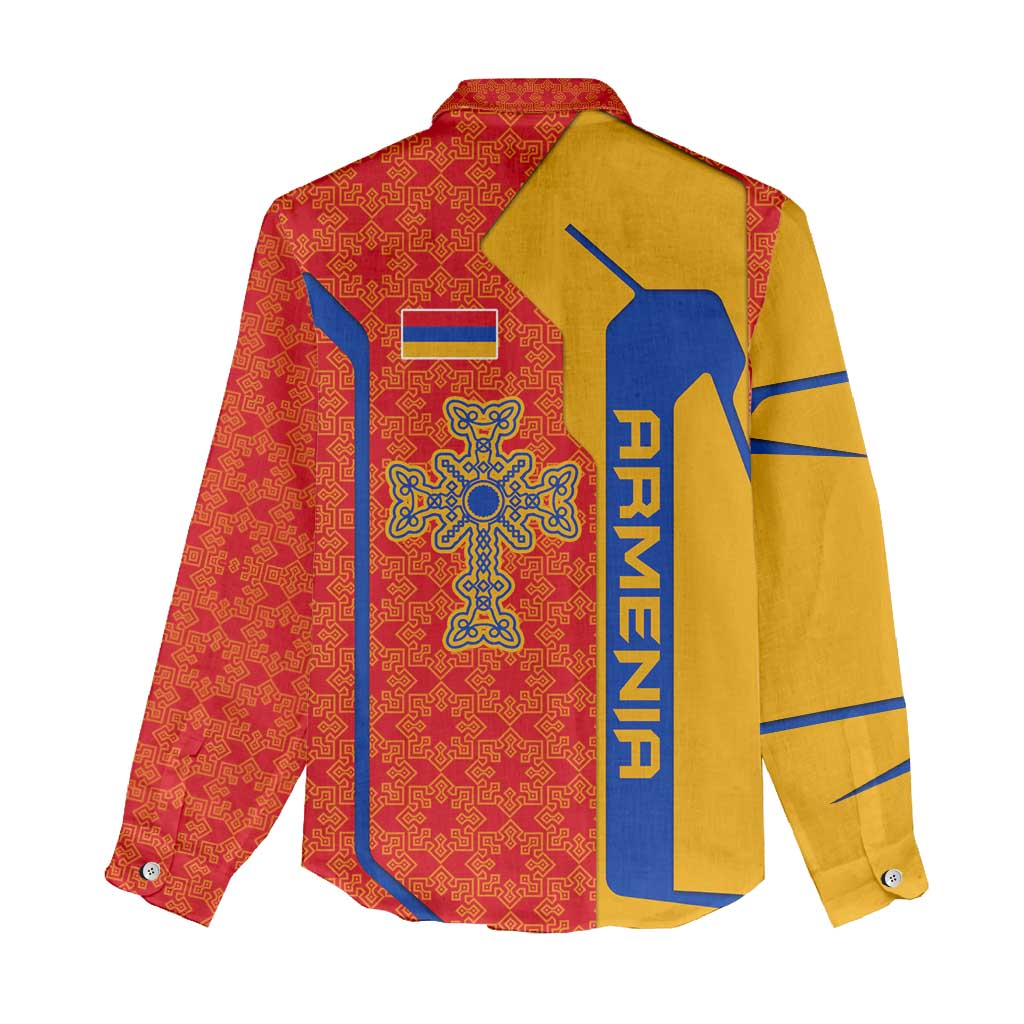 Armenia Flag-Inspired Women Casual Shirt with Ornamental Cross and Geometric Pattern Design - Wonder Print Shop