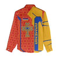 Armenia Flag-Inspired Women Casual Shirt with Ornamental Cross and Geometric Pattern Design - Wonder Print Shop