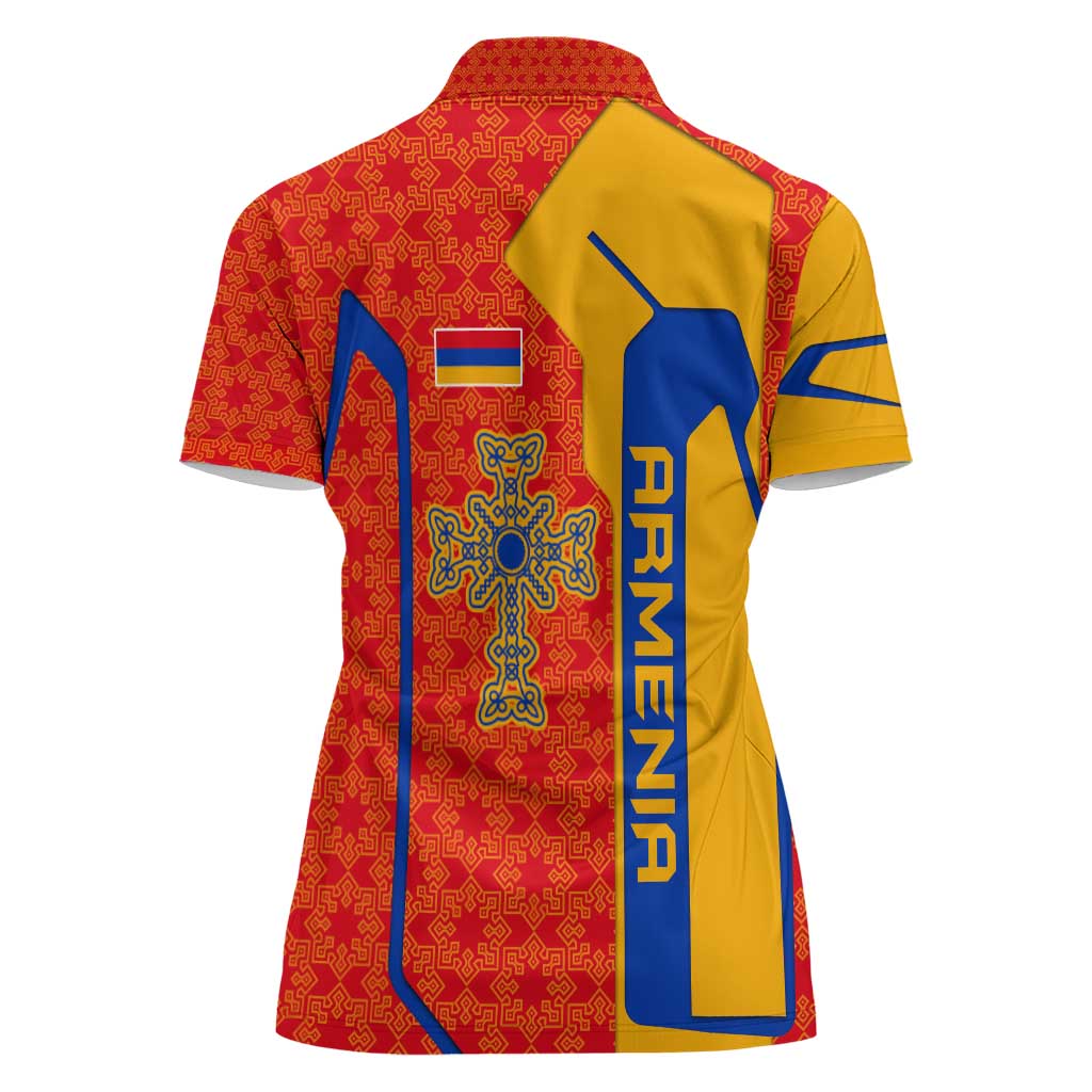 Armenia Flag-Inspired Women Polo Shirt with Ornamental Cross and Geometric Pattern Design - Wonder Print Shop