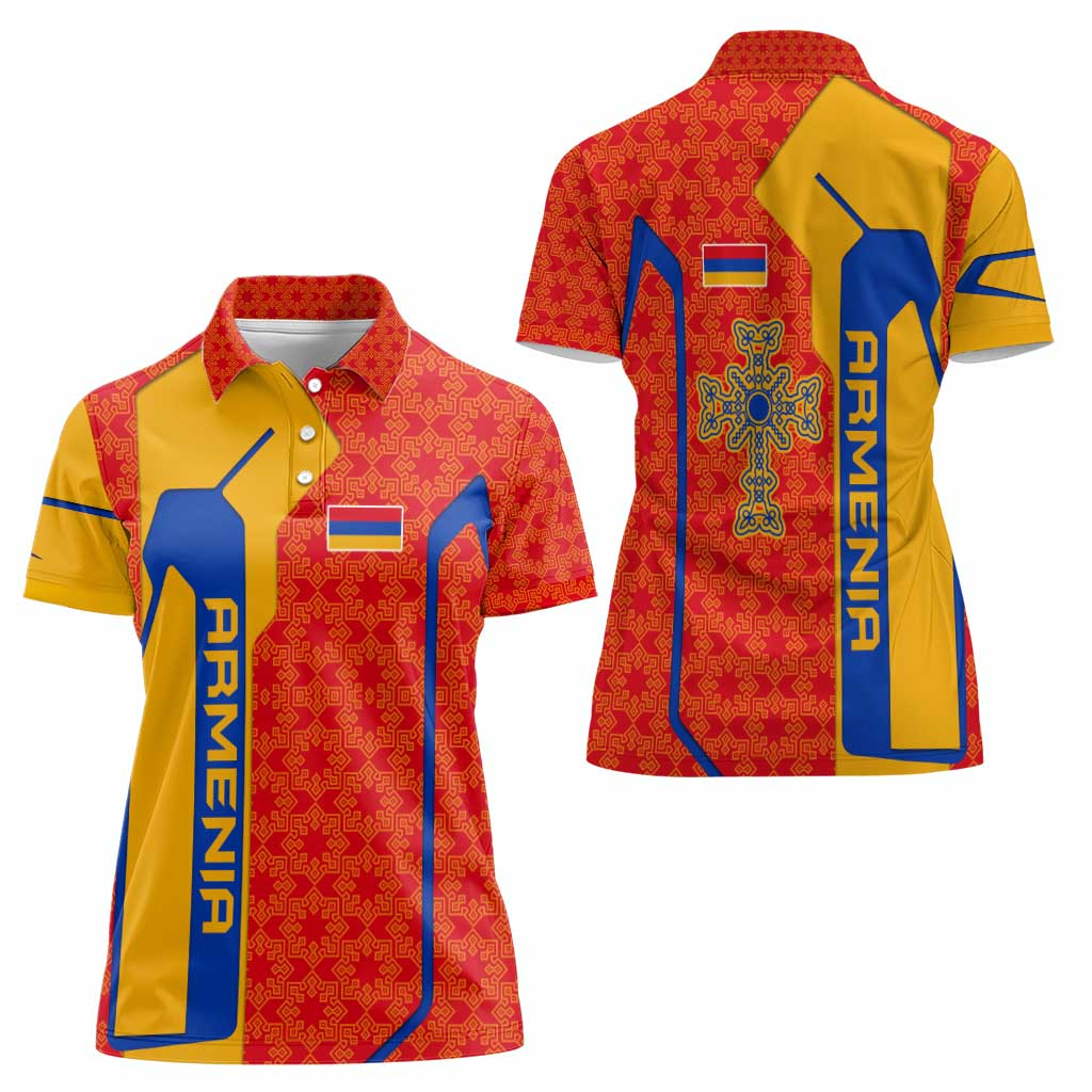 Armenia Flag-Inspired Women Polo Shirt with Ornamental Cross and Geometric Pattern Design - Wonder Print Shop
