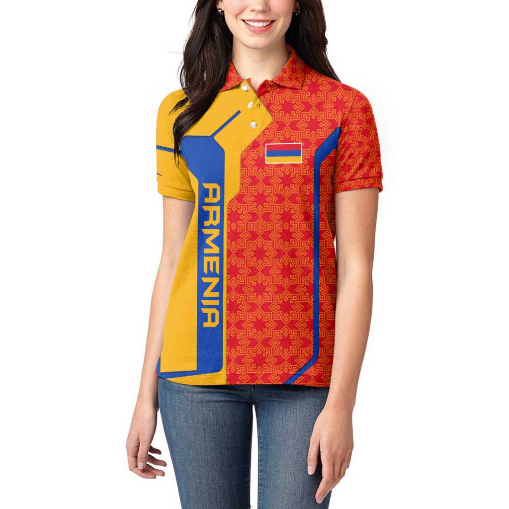 Armenia Flag-Inspired Women Polo Shirt with Ornamental Cross and Geometric Pattern Design - Wonder Print Shop