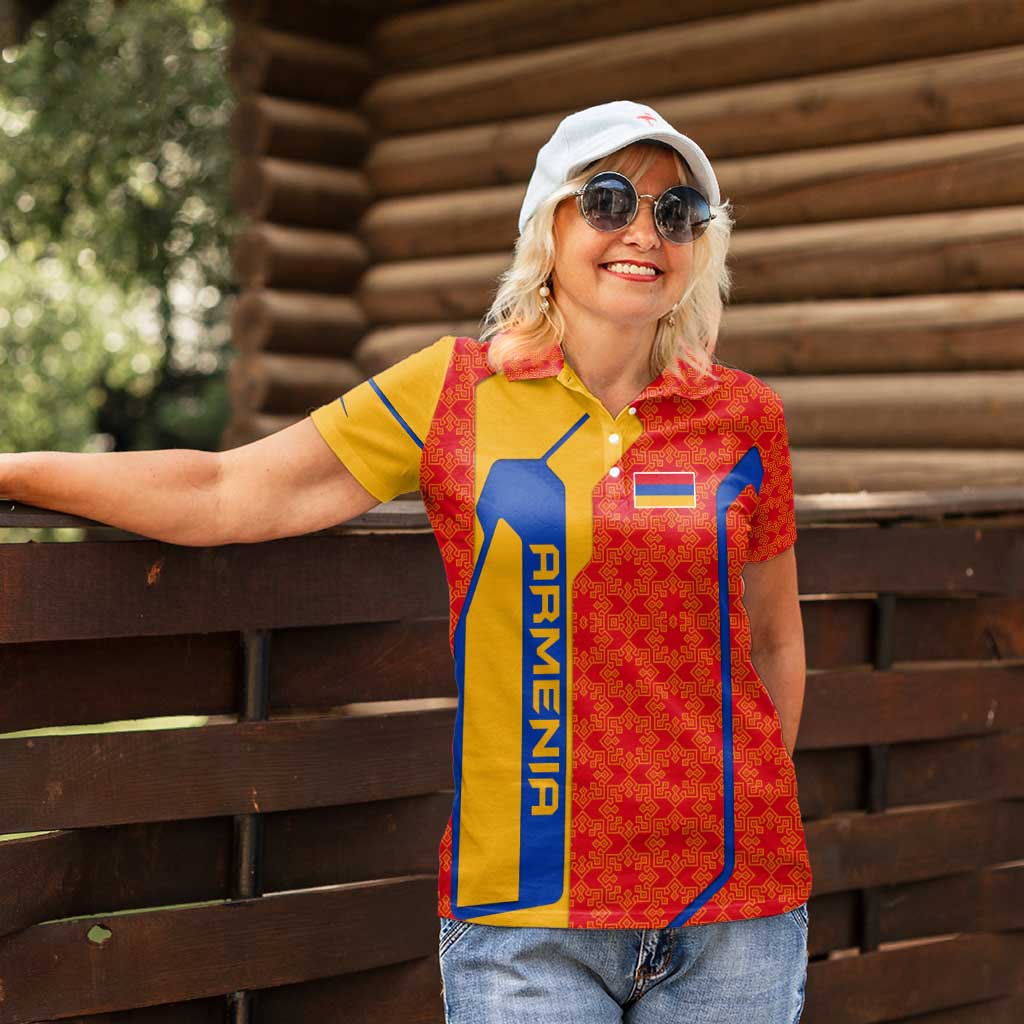 Armenia Flag-Inspired Women Polo Shirt with Ornamental Cross and Geometric Pattern Design - Wonder Print Shop