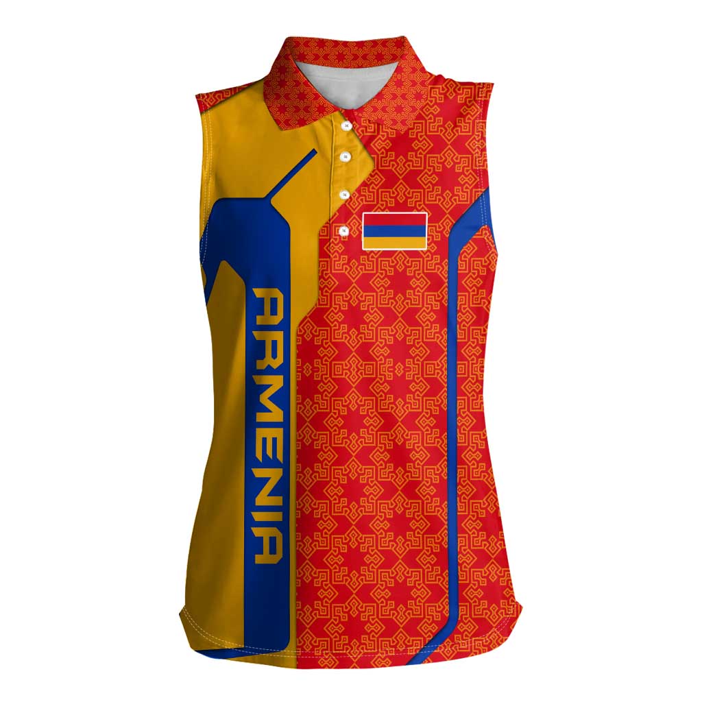 Armenia Flag-Inspired Women Sleeveless Polo Shirt with Ornamental Cross and Geometric Pattern Design - Wonder Print Shop