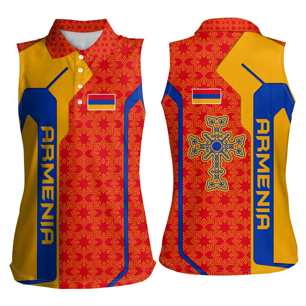 Armenia Flag-Inspired Women Sleeveless Polo Shirt with Ornamental Cross and Geometric Pattern Design - Wonder Print Shop