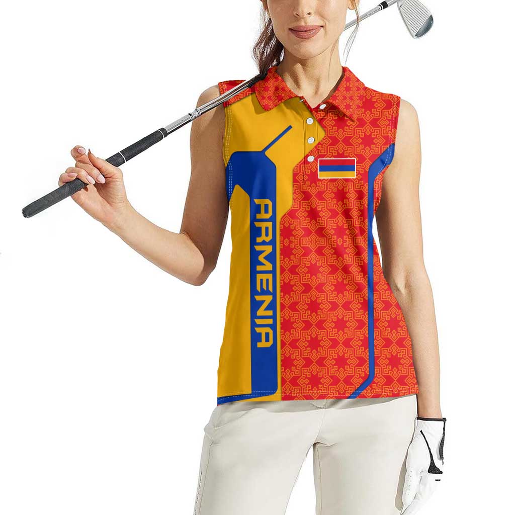 Armenia Flag-Inspired Women Sleeveless Polo Shirt with Ornamental Cross and Geometric Pattern Design - Wonder Print Shop