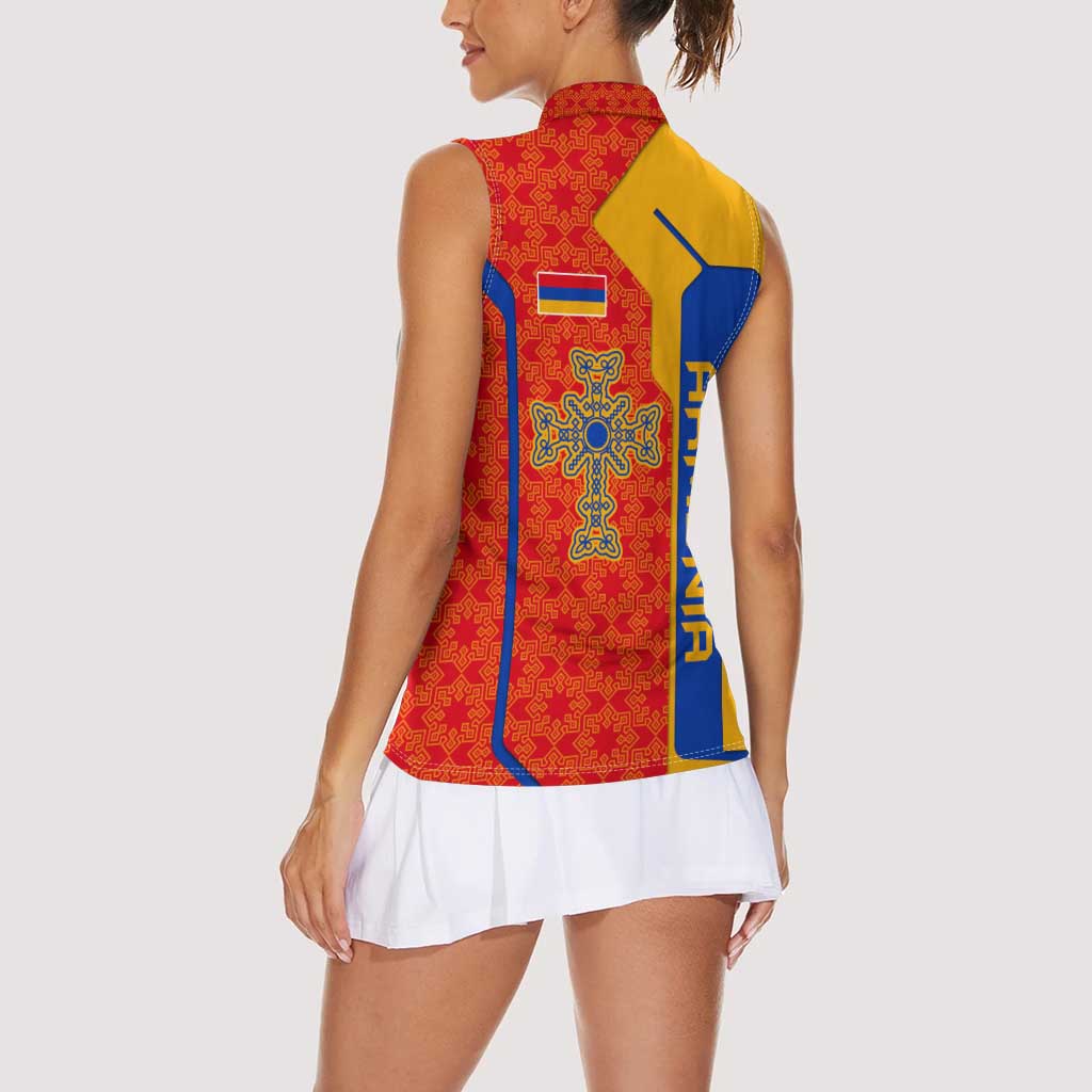 Armenia Flag-Inspired Women Sleeveless Polo Shirt with Ornamental Cross and Geometric Pattern Design - Wonder Print Shop