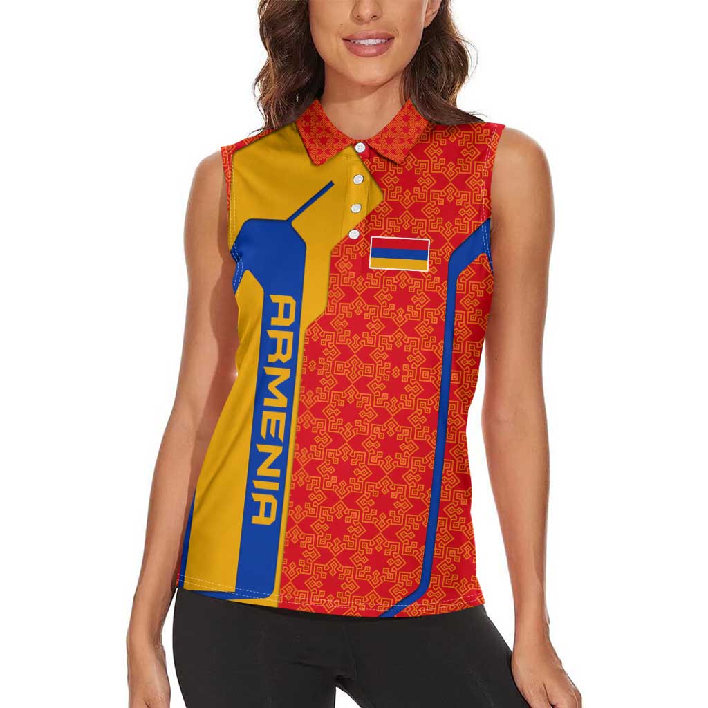 Armenia Flag-Inspired Women Sleeveless Polo Shirt with Ornamental Cross and Geometric Pattern Design - Wonder Print Shop