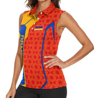 Armenia Flag-Inspired Women Sleeveless Polo Shirt with Ornamental Cross and Geometric Pattern Design - Wonder Print Shop