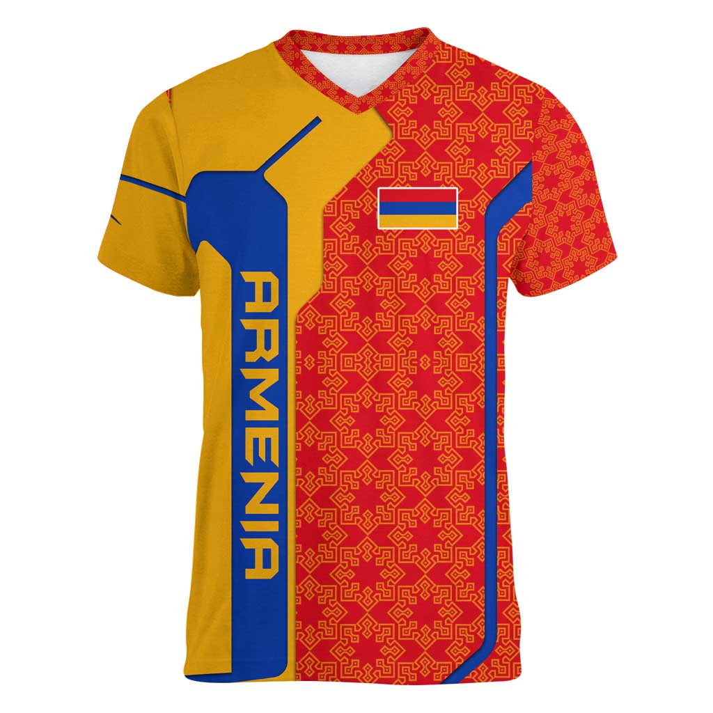 Armenia Flag-Inspired Women V-Neck T-Shirt with Ornamental Cross and Geometric Pattern Design - Wonder Print Shop