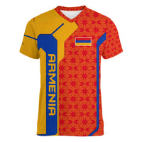 Armenia Flag-Inspired Women V-Neck T-Shirt with Ornamental Cross and Geometric Pattern Design - Wonder Print Shop