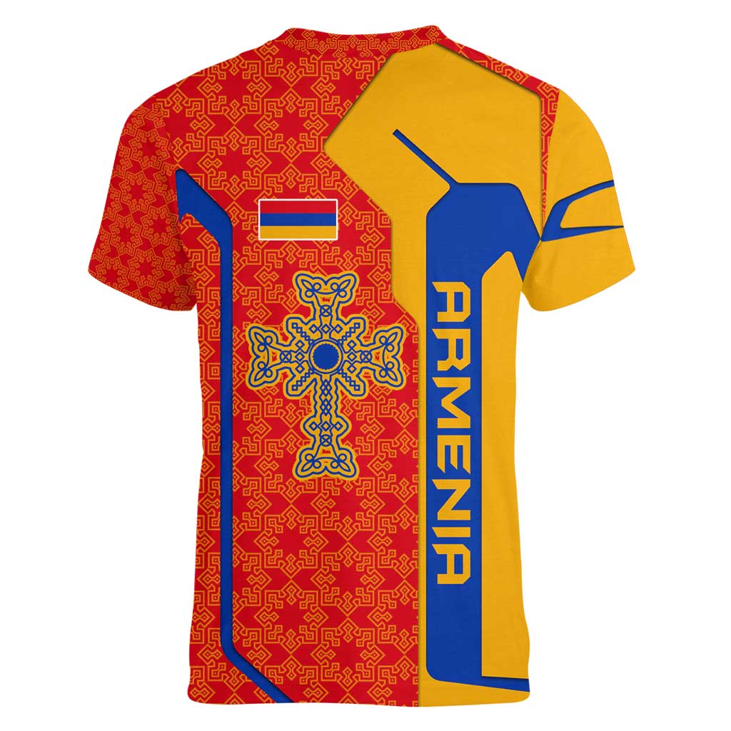 Armenia Flag-Inspired Women V-Neck T-Shirt with Ornamental Cross and Geometric Pattern Design - Wonder Print Shop