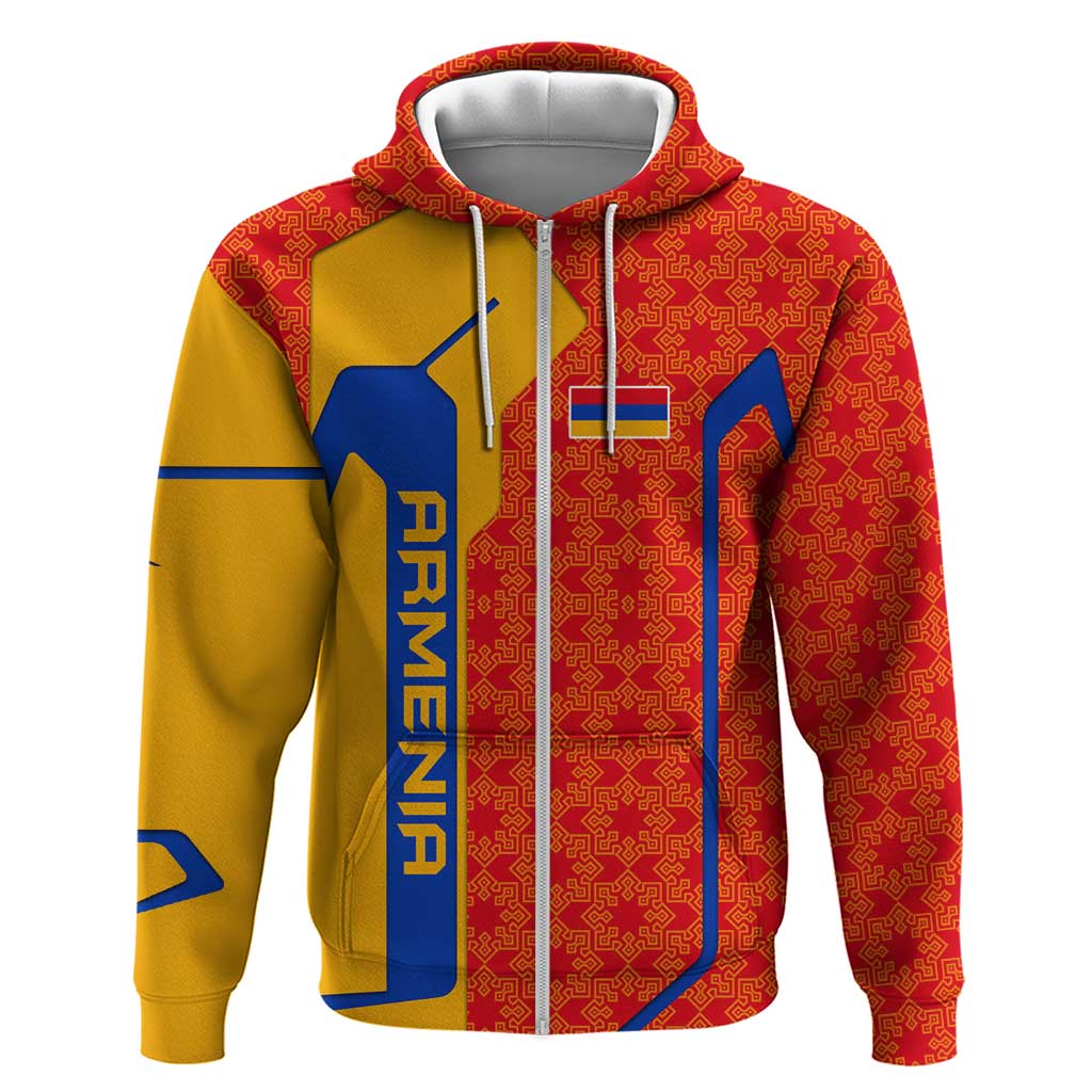 Armenia Flag-Inspired Zip Hoodie with Ornamental Cross and Geometric Pattern Design - Wonder Print Shop