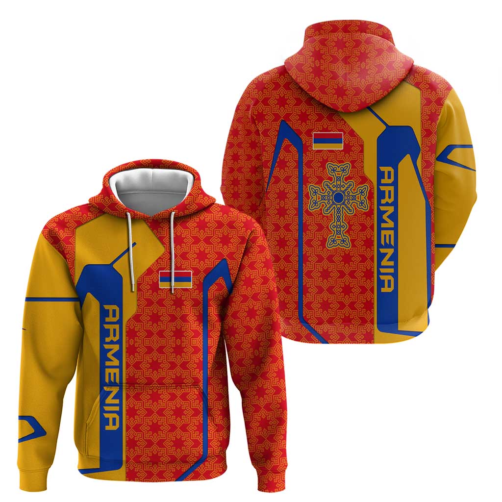 Armenia Flag-Inspired Zip Hoodie with Ornamental Cross and Geometric Pattern Design - Wonder Print Shop