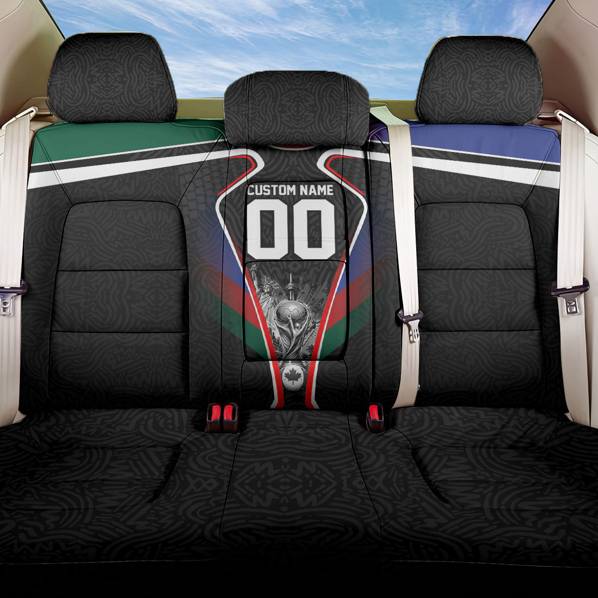 Personalized World Football 2026 Host Nations Back Car Seat Cover USA Canada Mexico Soccer Trophy