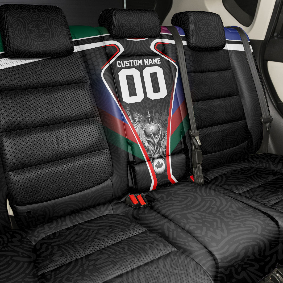 Personalized World Football 2026 Host Nations Back Car Seat Cover USA Canada Mexico Soccer Trophy